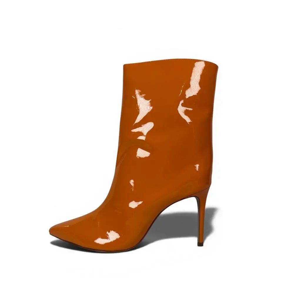 Schutz Maya High Ankle Boots Womens 9 Tangerine‎ Orange Patent Stiletto Pull On
